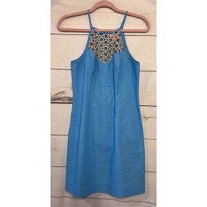 Lilly Pulitzer Size 4 Light Blue Sleeveless Dress Gold Eyelet Detailing Fancy